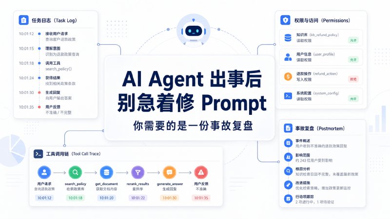 Featured image of post AI Agent 出事后，别急着修 Prompt：你需要的是一份事故复盘