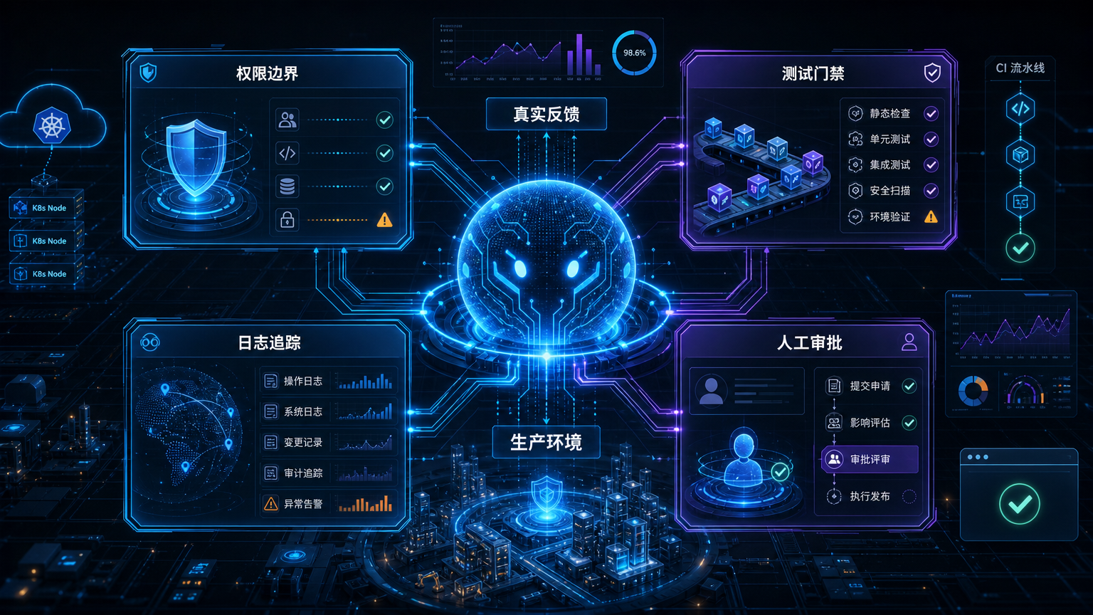 生产级 Agent 复盘回写结构，连接工具、权限、日志、测试和人工审批