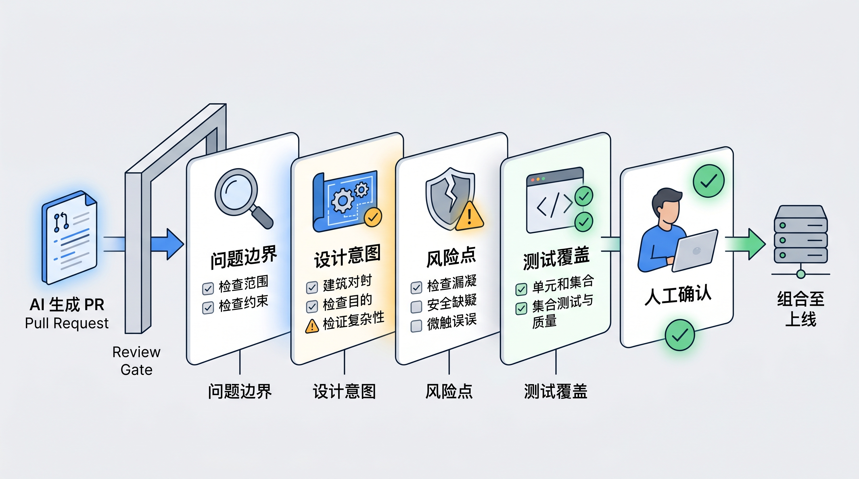 AI 生成 PR 的审查护栏：问题边界、设计意图、风险点、测试覆盖、人工确认