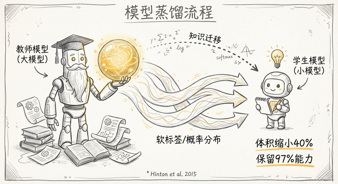 模型蒸馏:教师模型向学生模型传递知识的流程示意