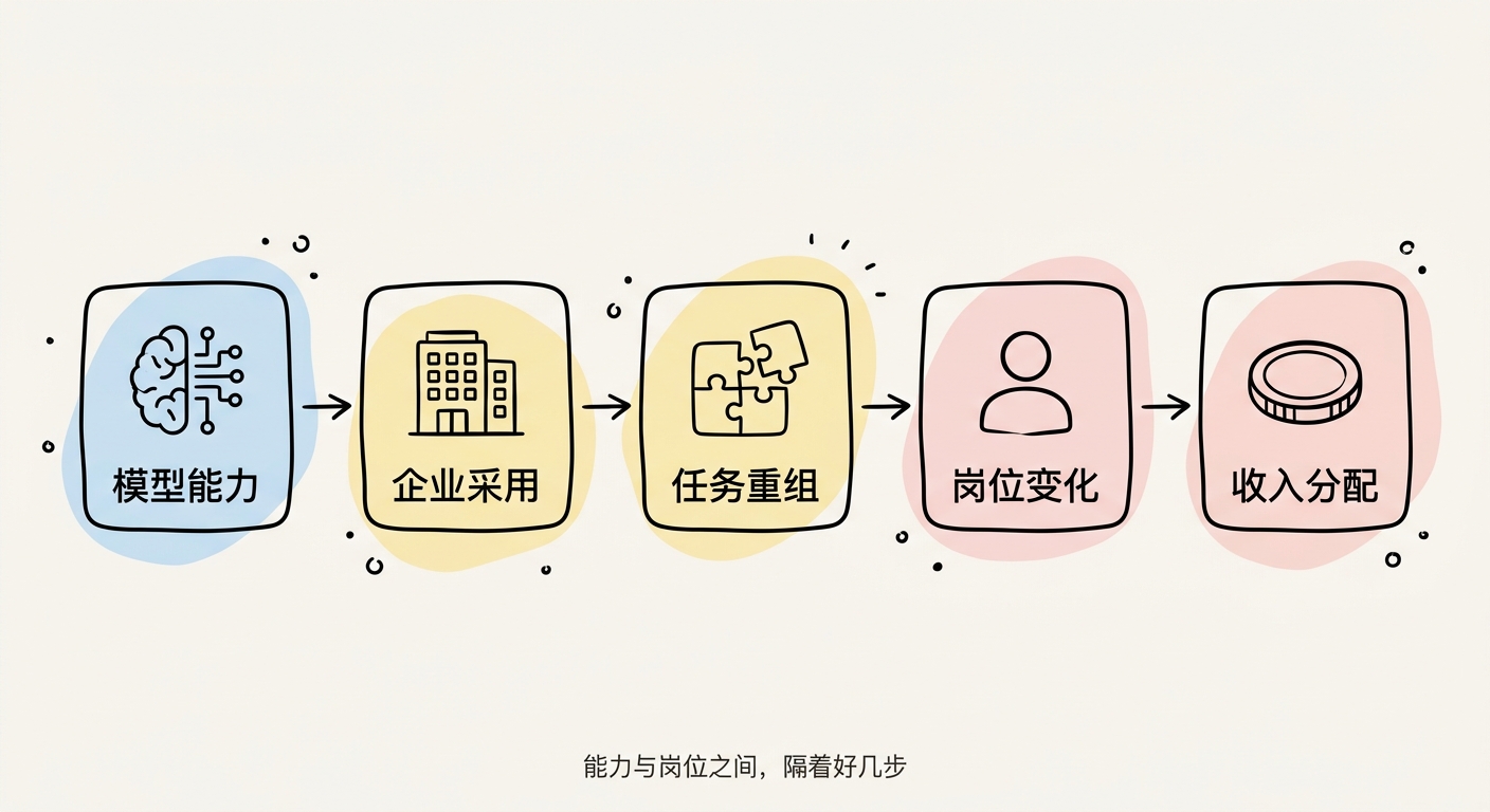 从模型能力到收入分配的五步链