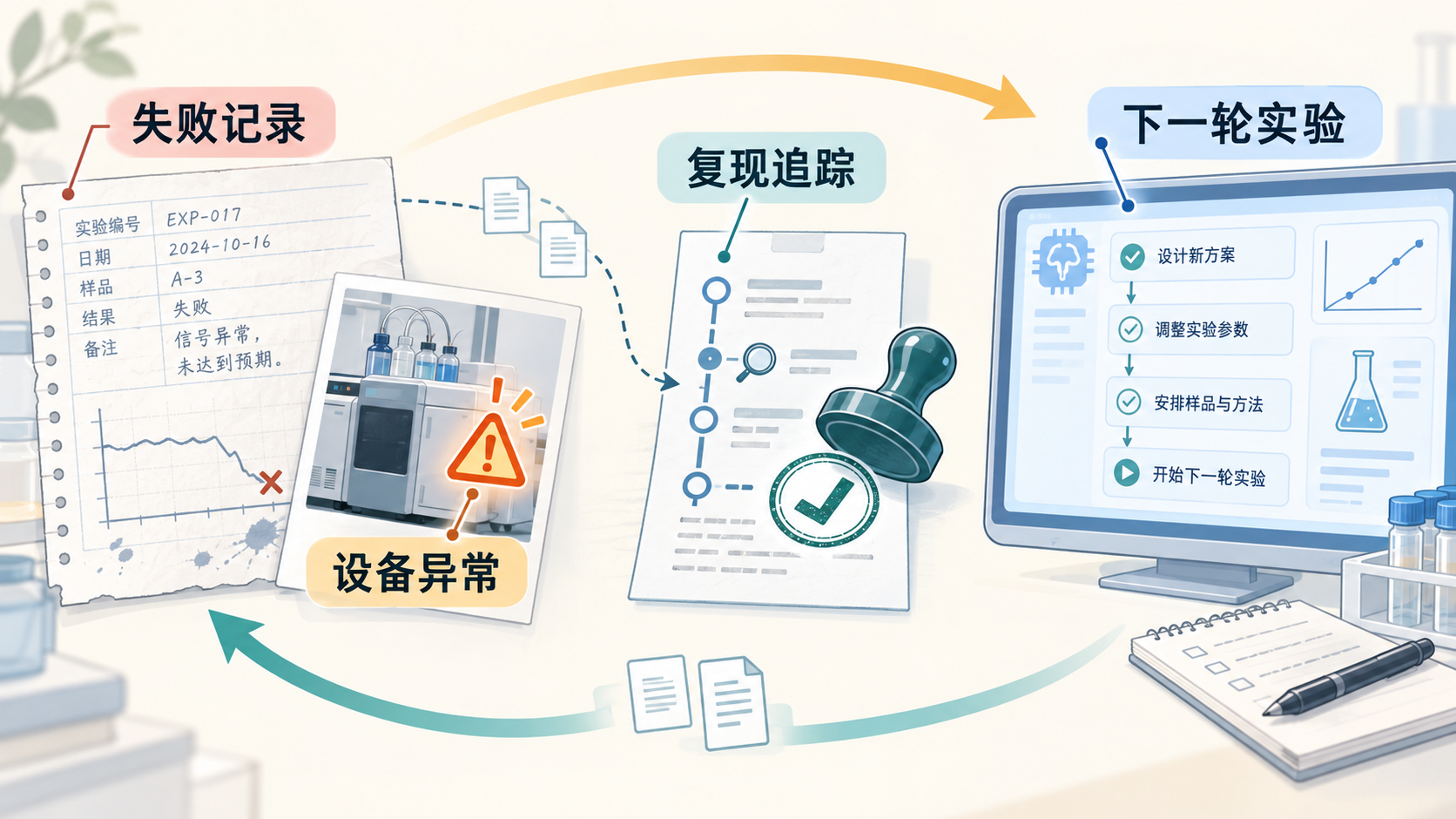失败记录、设备异常和复现追踪应回到下一轮实验计划