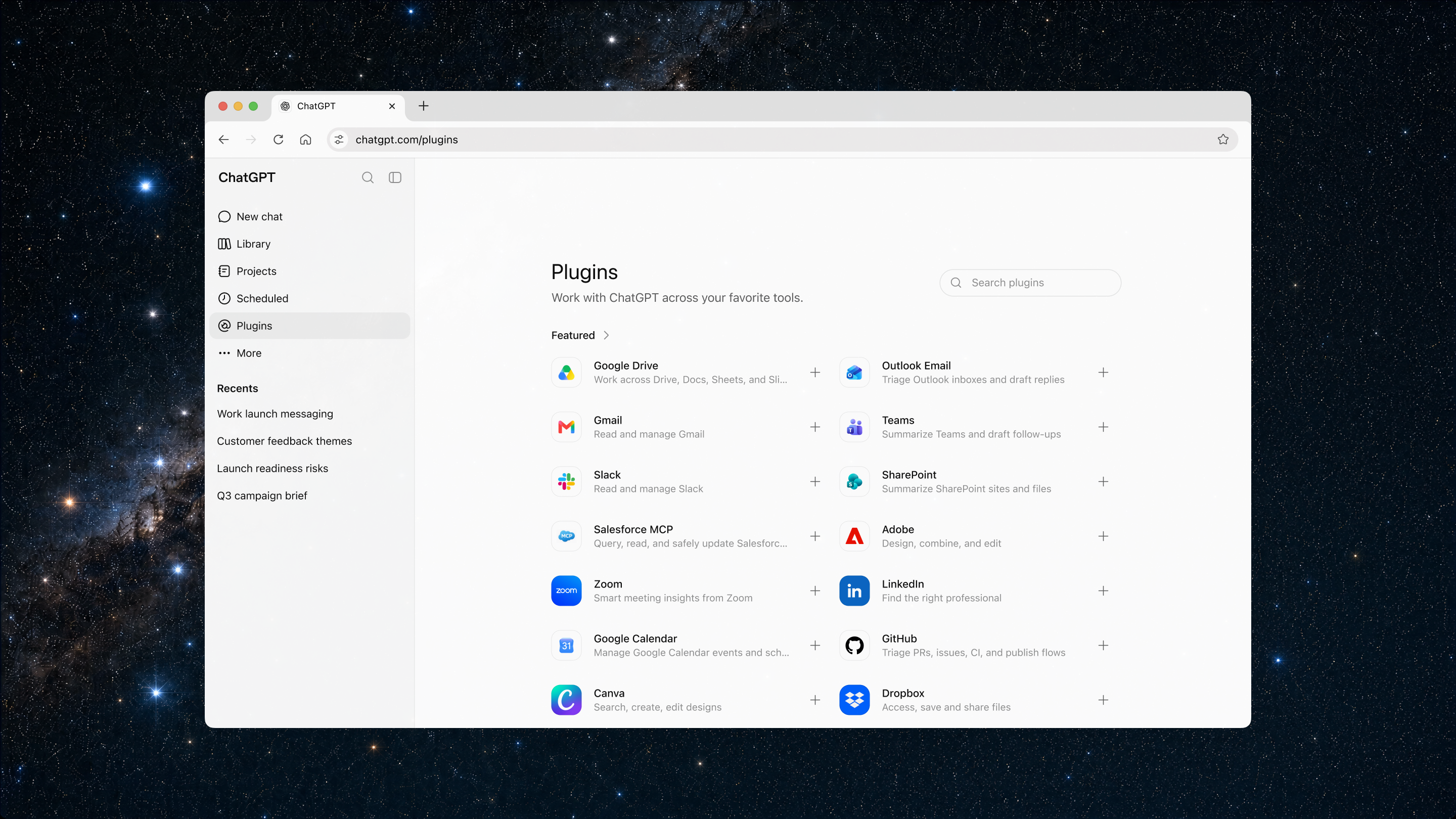 OpenAI 官方插件目录:ChatGPT Work 可统一管理 Google Drive、Gmail、Slack、Teams、SharePoint 和 Salesforce 等连接