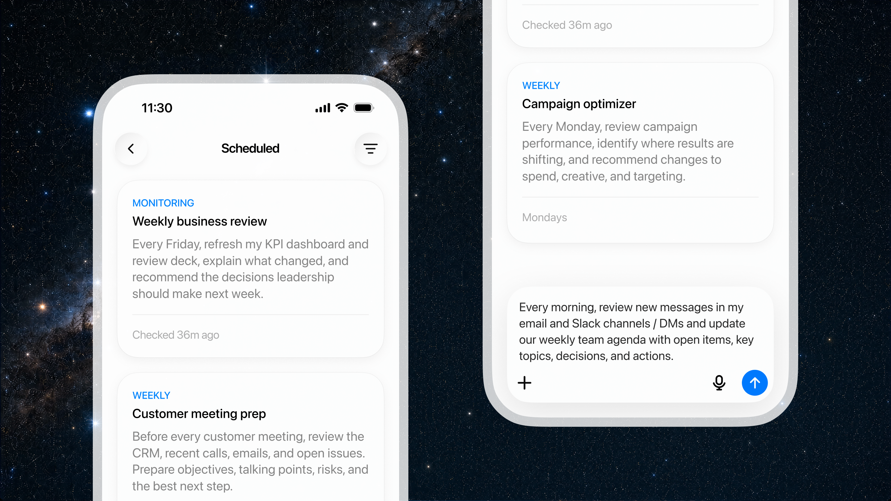 OpenAI 官方 Scheduled Tasks 界面:定期业务回顾、客户会前准备与营销优化等任务可在移动端持续运行