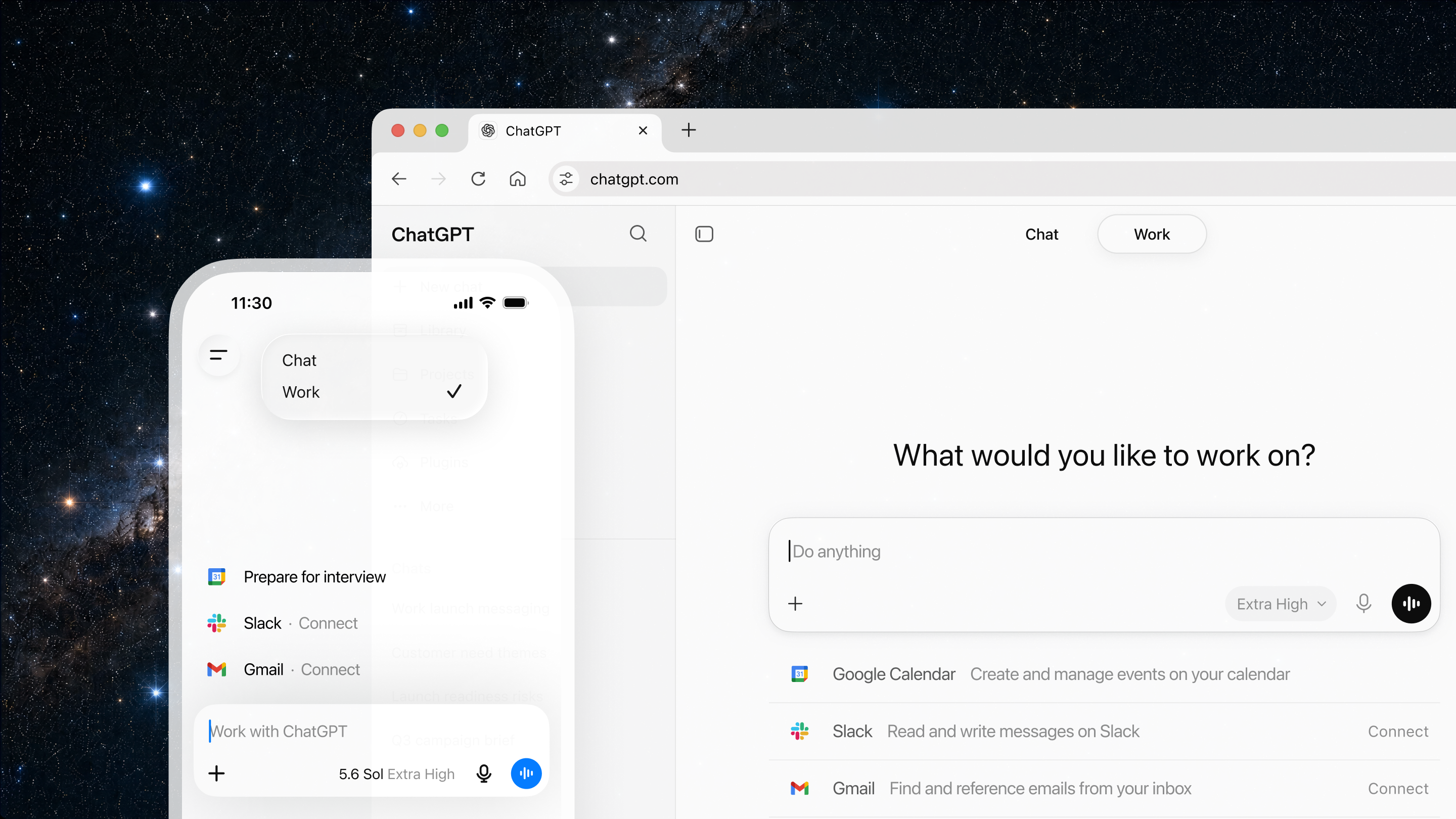 OpenAI 官方展示:ChatGPT Work 在桌面端与移动端衔接任务,并连接日历、Slack 和 Gmail