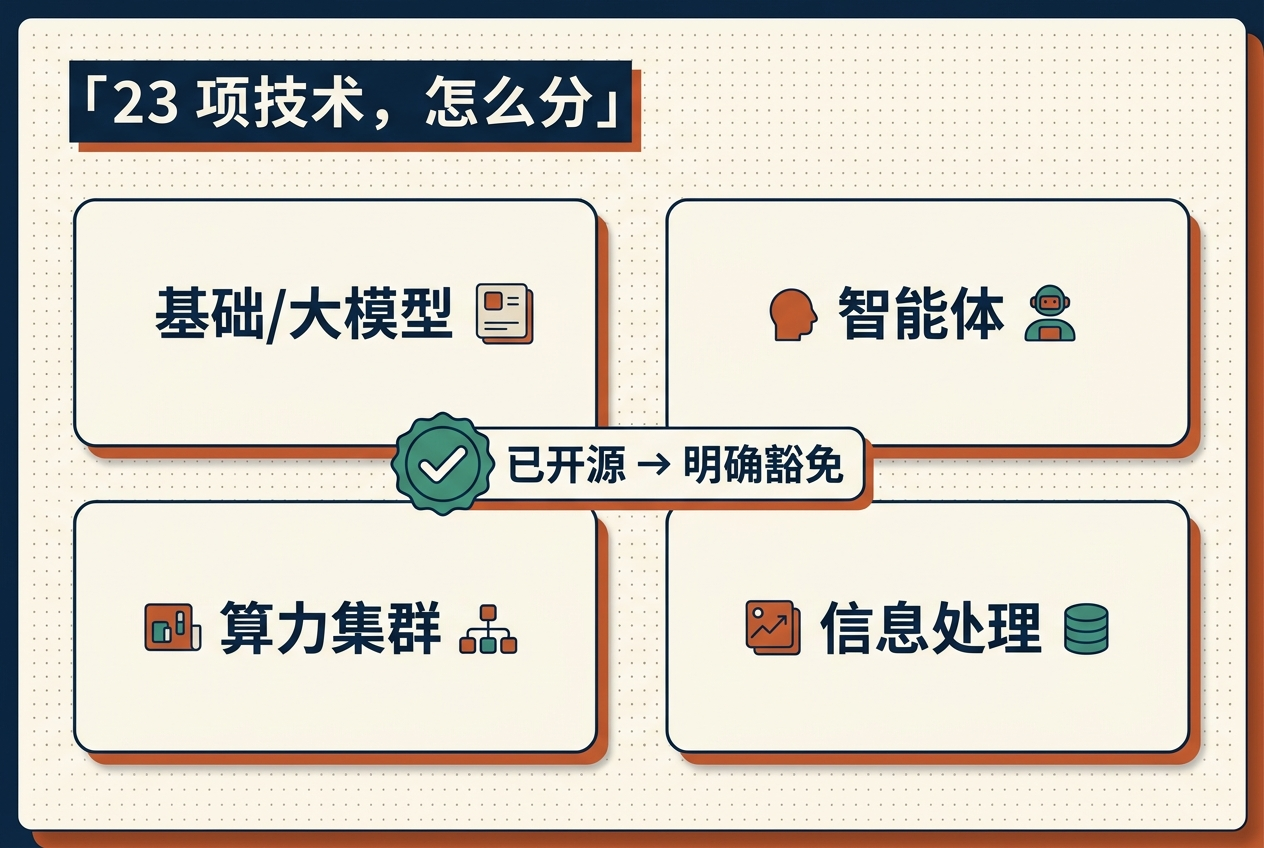 23 项技术四类分布(示意图,AI 生成)