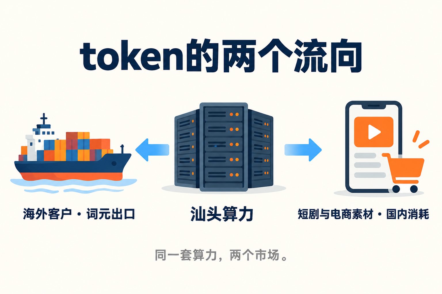 token 的两个流向:同一套算力,一边向海外出口词元,一边支撑国内短剧与电商素材(AI 示意图)