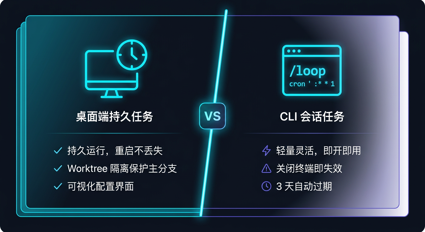 桌面持久任务 vs CLI 会话任务对比