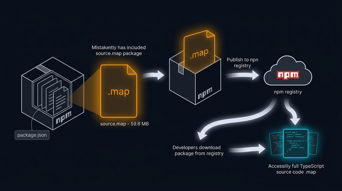 Source Map 泄露原理：npm 包意外附带 59.8MB 的 .map 文件流程图