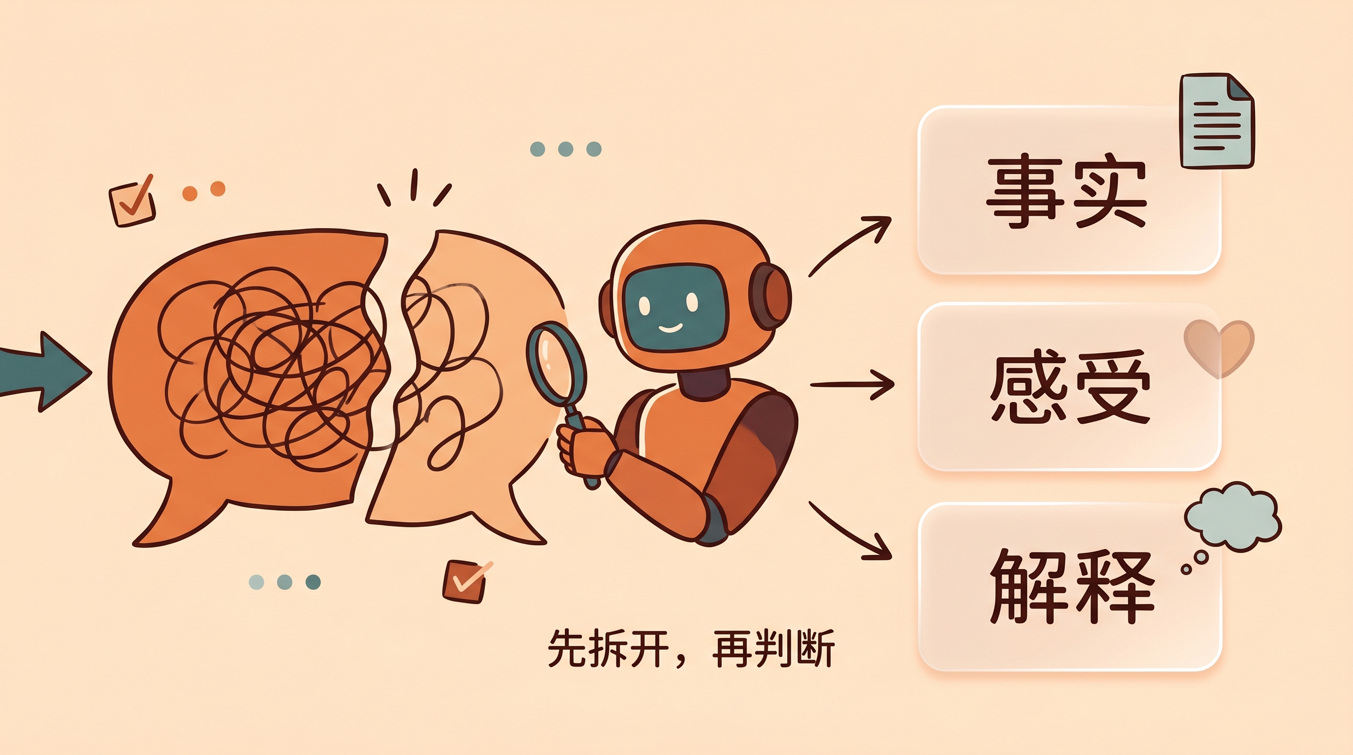把用户叙述拆成事实、感受和解释