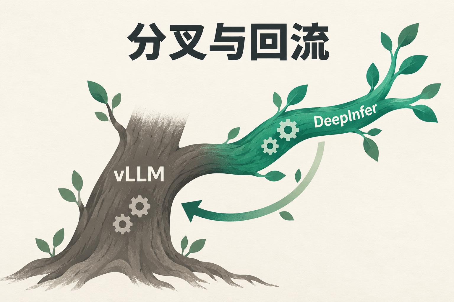 分叉与回流：基于 vLLM 构建的 DeepInfer 把强化成果带回开源世界（示意图）