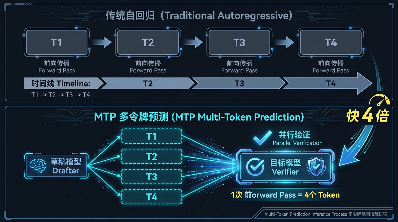 MTP 推理流程对比：传统自回归 vs 多令牌预测