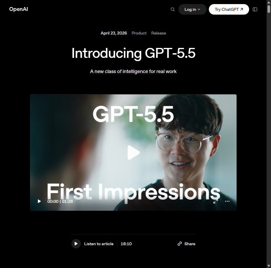 OpenAI GPT-5.5 官方公告页面