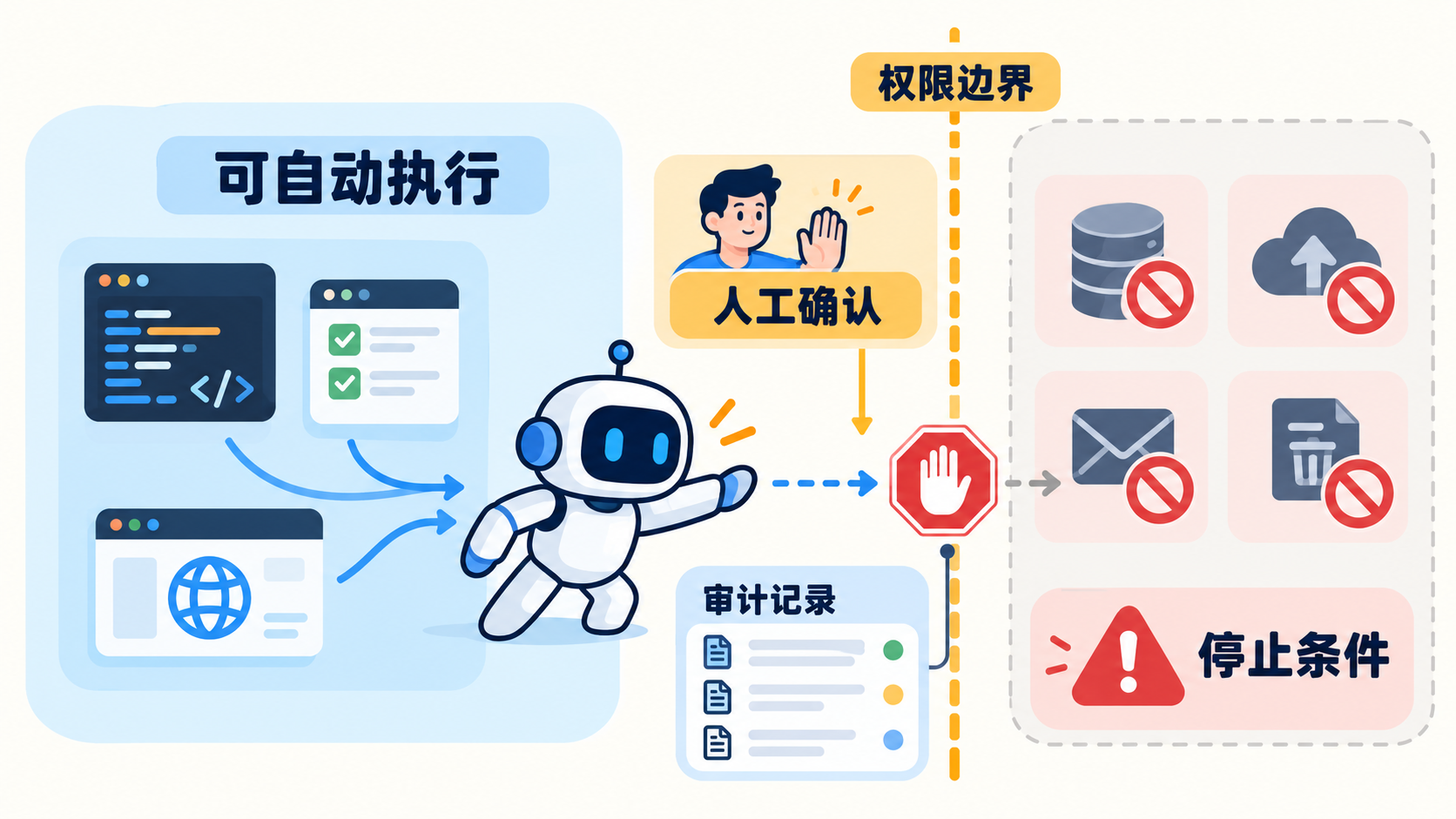 Agent 权限边界与停止条件图,展示可自动执行、人工确认、审计记录与高风险动作限制