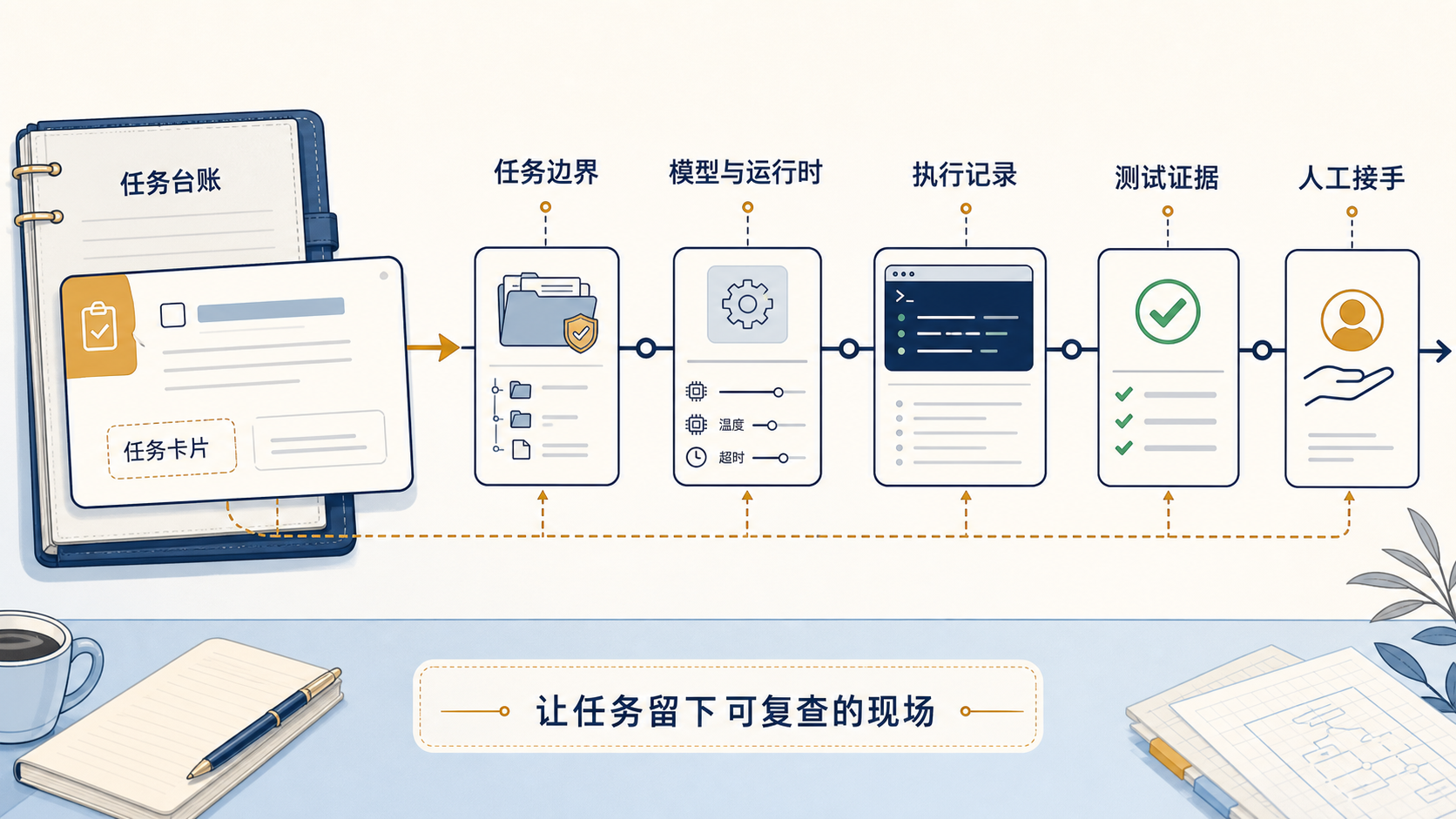 任务账本将范围、运行时设置、执行记录、测试证据和人工接手信息保留在同一任务中