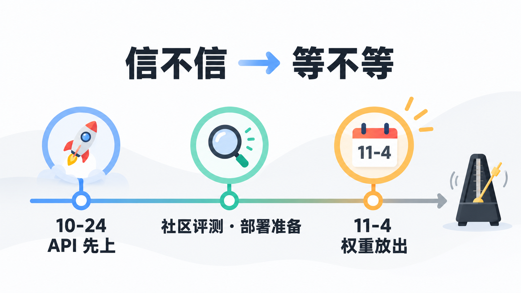 开源倒计时时间线:10-24 API 先上,中间社区评测与部署准备,11-4 权重放出,把「信不信」变成「等不等」(示意图,AI 生成)