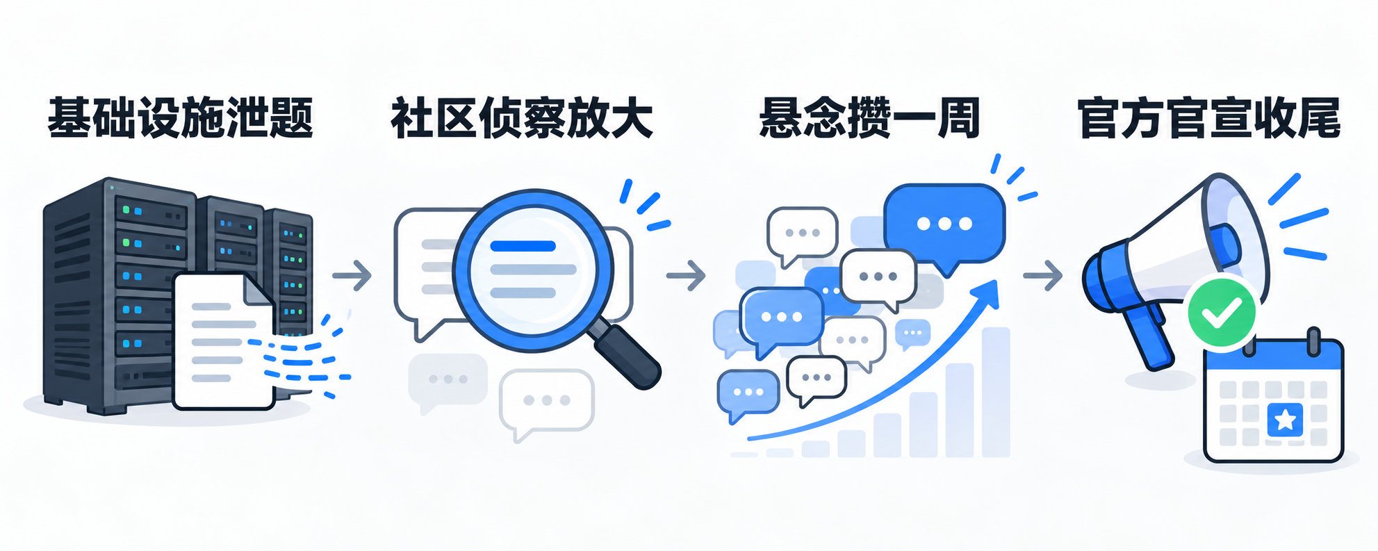 K3.1 Pro 发布前的侦察链四阶段:基础设施泄题、社区侦察放大、悬念攒一周、官方官宣收尾(示意图,AI 生成)