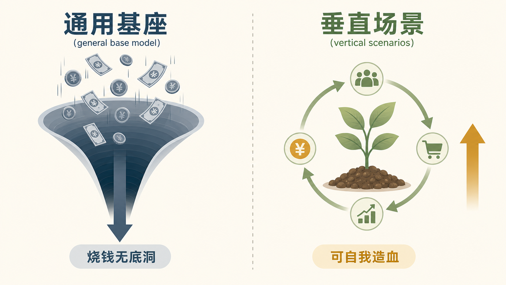 通用基座(持续烧钱、长周期)与垂直场景(可自我造血)的对比
