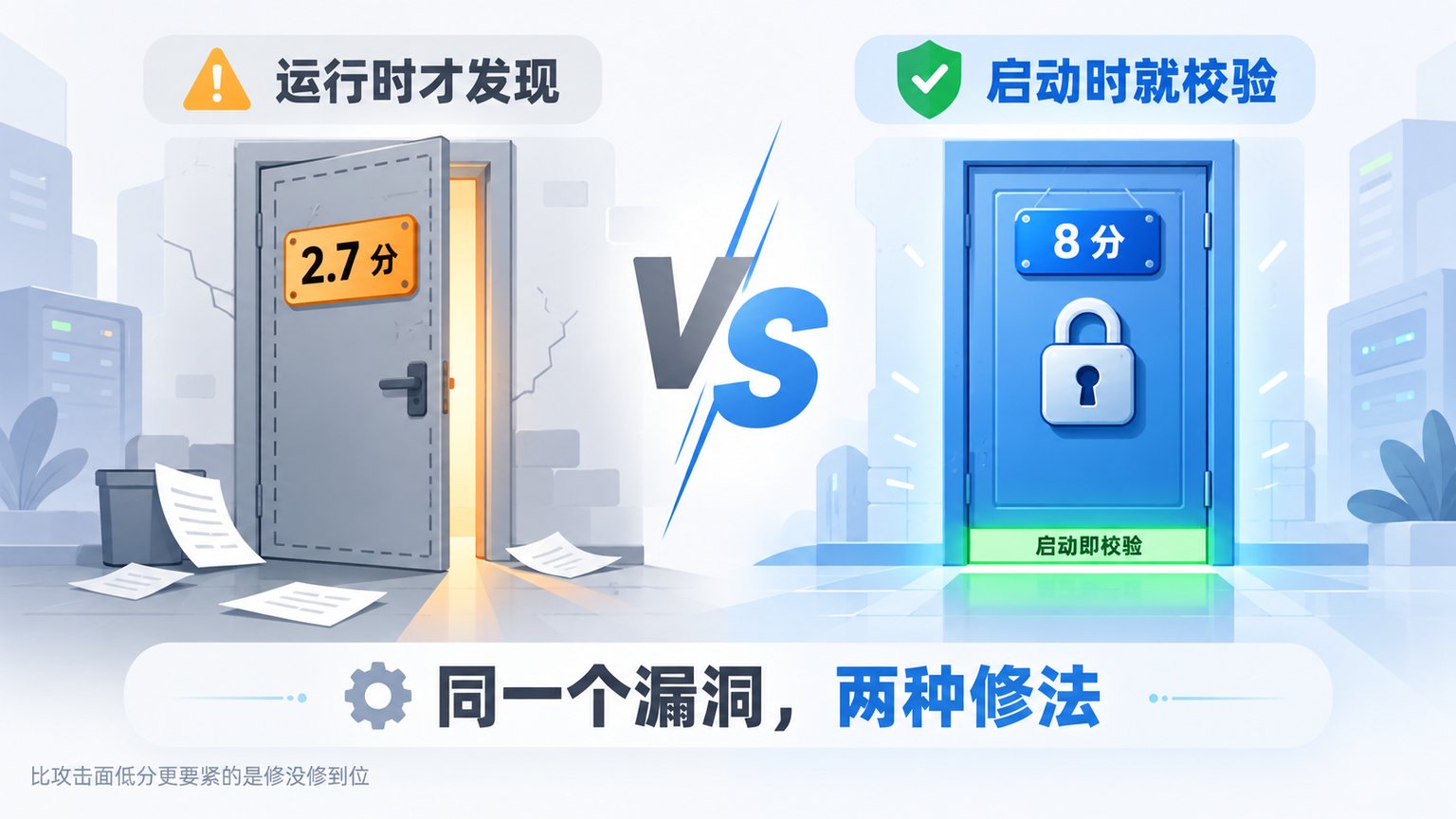 同一个漏洞的两种修法：2.7 分运行时才发现 vs 8 分启动时就校验
