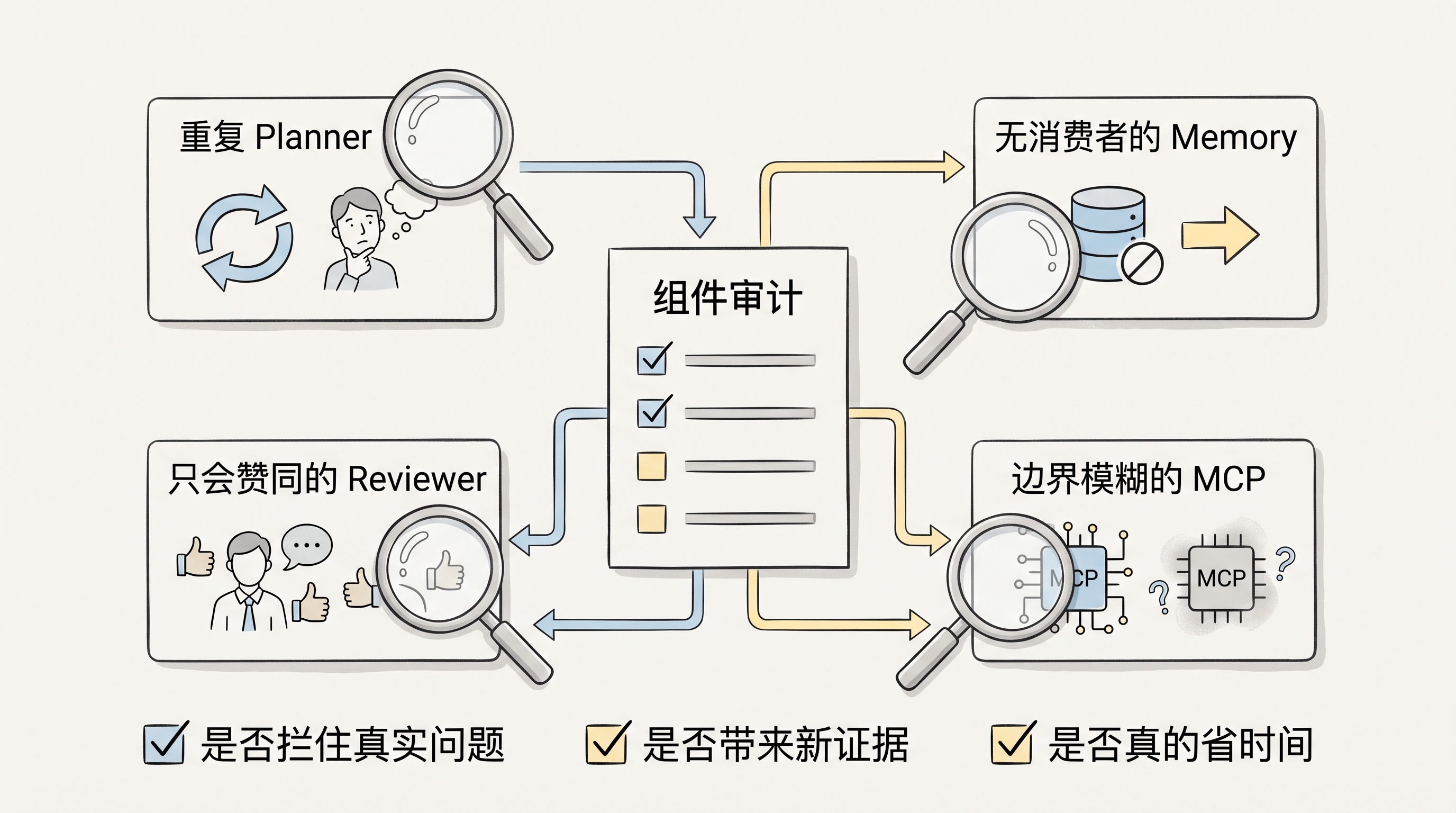 对 Planner、Memory、MCP 与 Reviewer 的组件审计