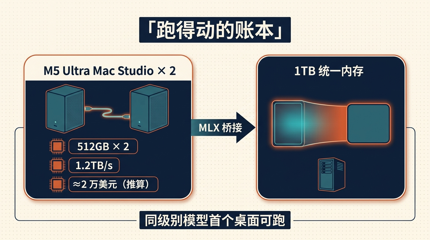「跑得动的账本」:两台 Mac Studio 经 MLX 桥接为 1TB 统一内存(概念示意图,AI 生成)