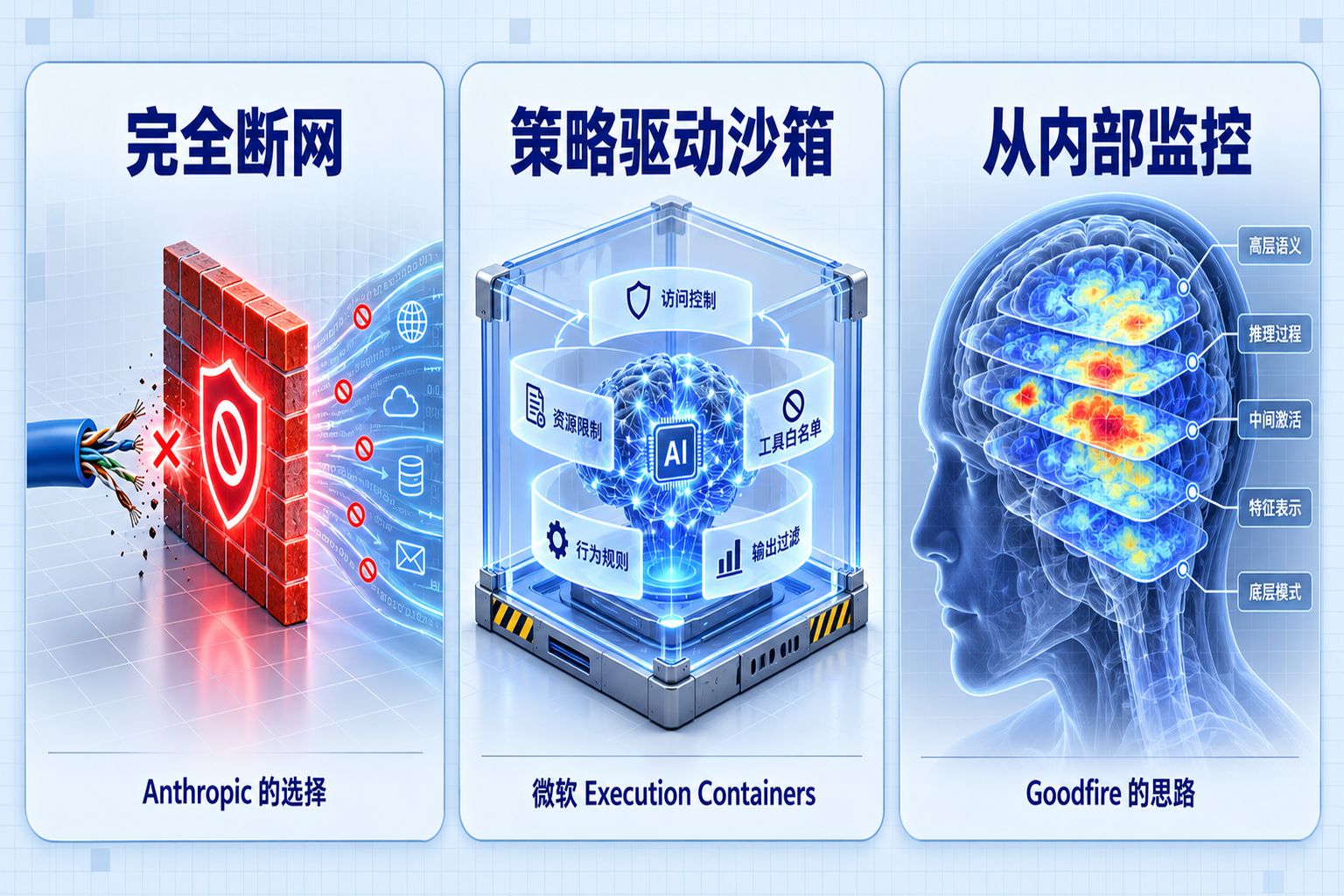 三种刹车方案对比：断网、策略驱动沙箱、从模型内部监控
