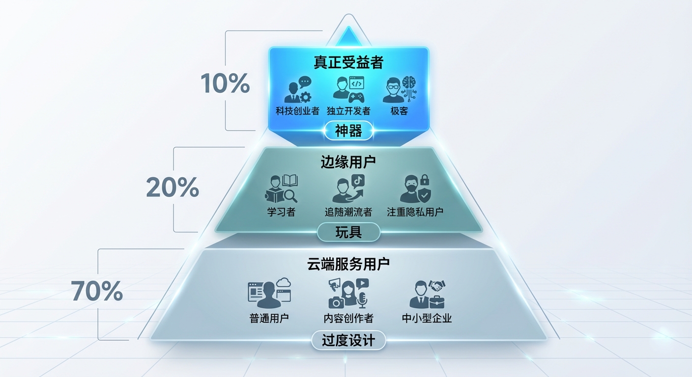 用户分层金字塔：10%受益者、20%边缘用户、70%云端用户