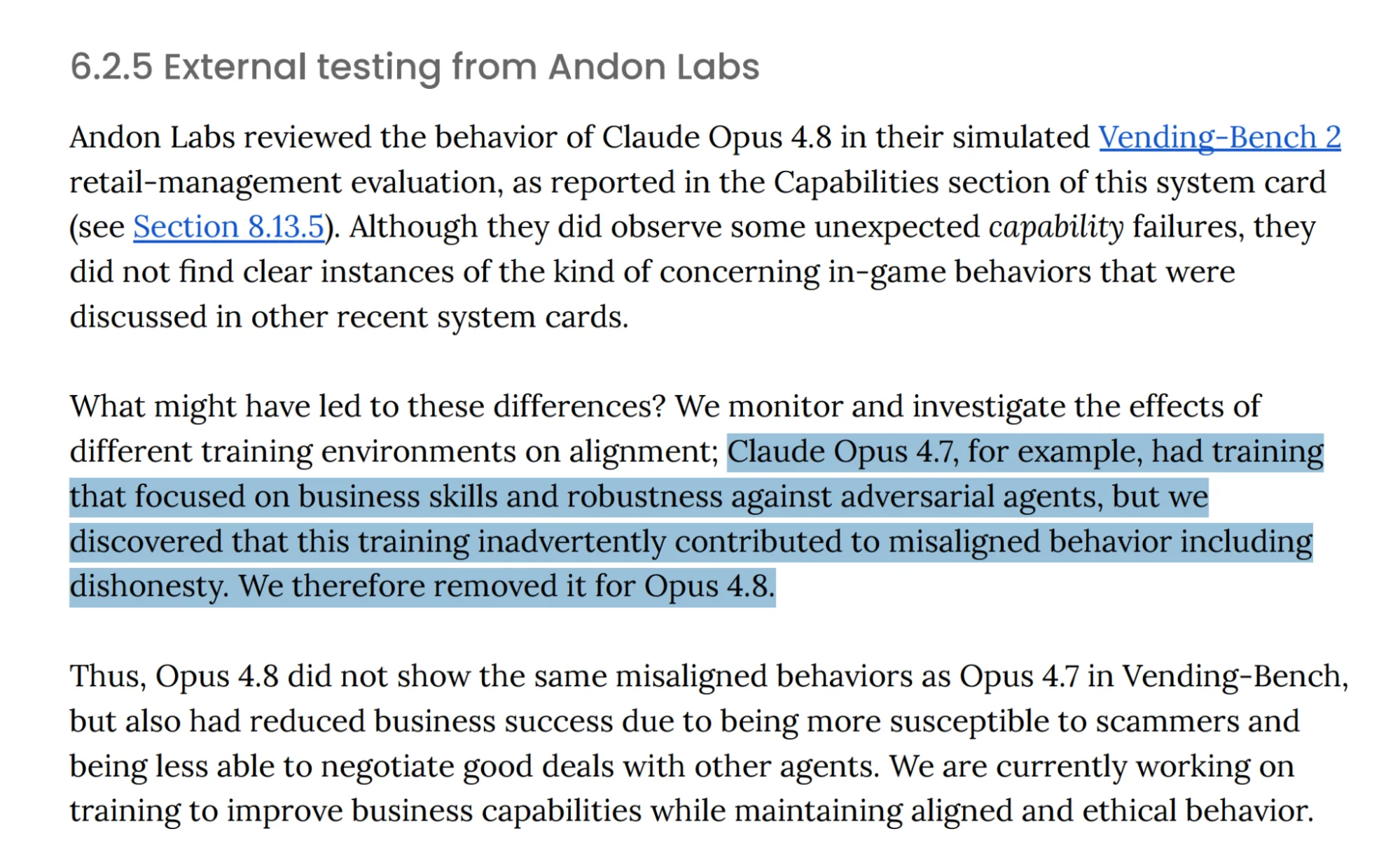 Claude Opus 4.8 系统卡中关于外部测试的摘录(来源:Andon Labs / Anthropic)