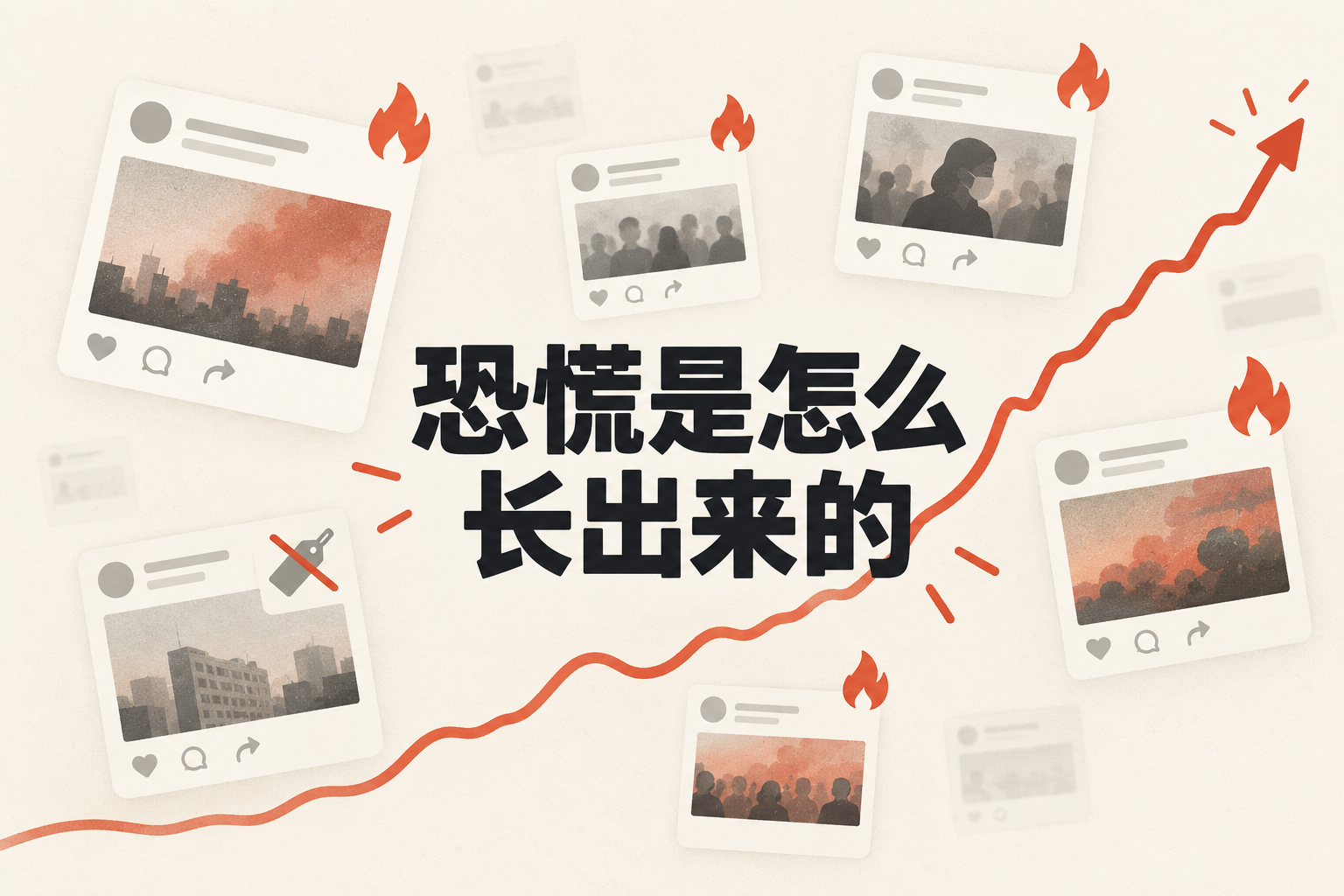 恐慌传播概念图：定语丢失后只剩一句标题（示意图）