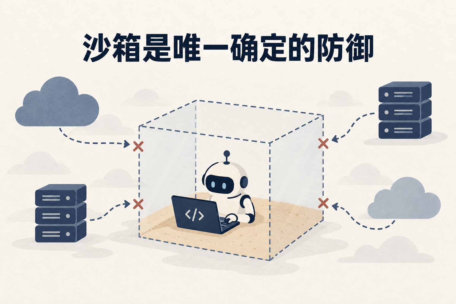 沙箱边界概念图：模型的行为停在边界内才可控（示意图）