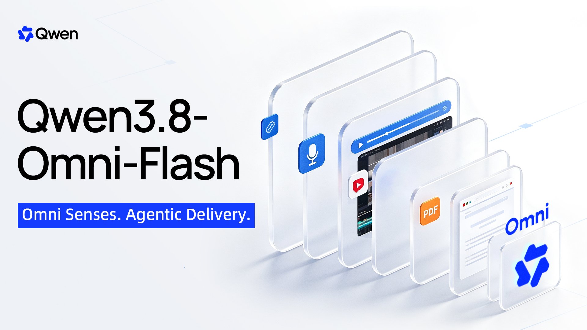 Qwen3.8-Omni-Flash 官方发布横幅：Omni Senses. Agentic Delivery.