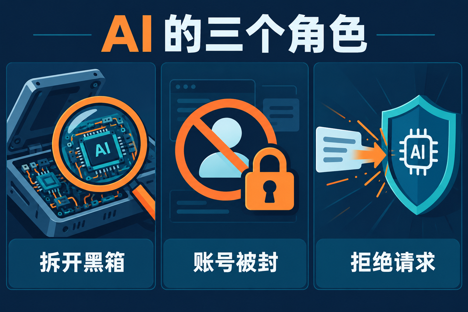 AI 在这起事件中的三个角色：拆开黑箱、被封账号、拒绝请求（AI 生成示意图）
