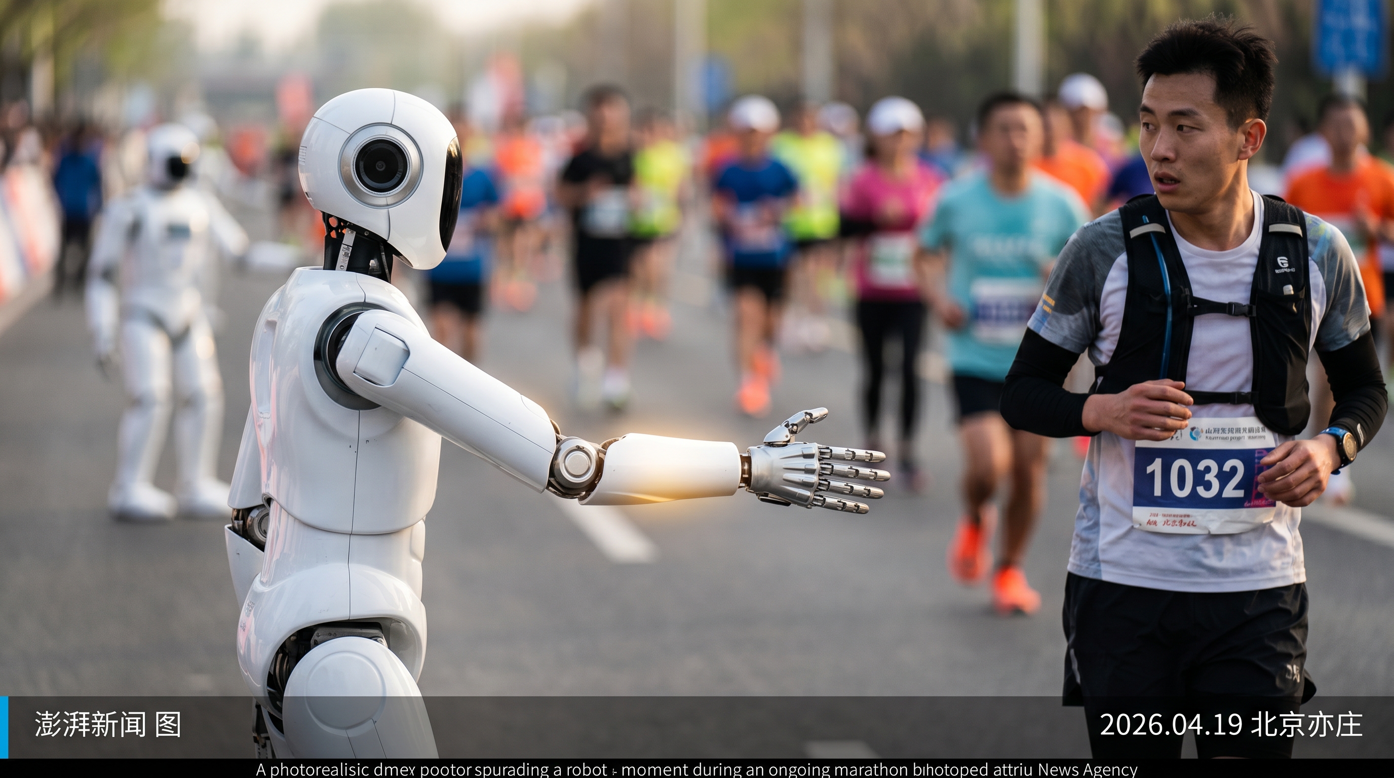 机器人伸手，人类沉默（澎湃新闻 图 / 2026.04.19 北京亦庄）