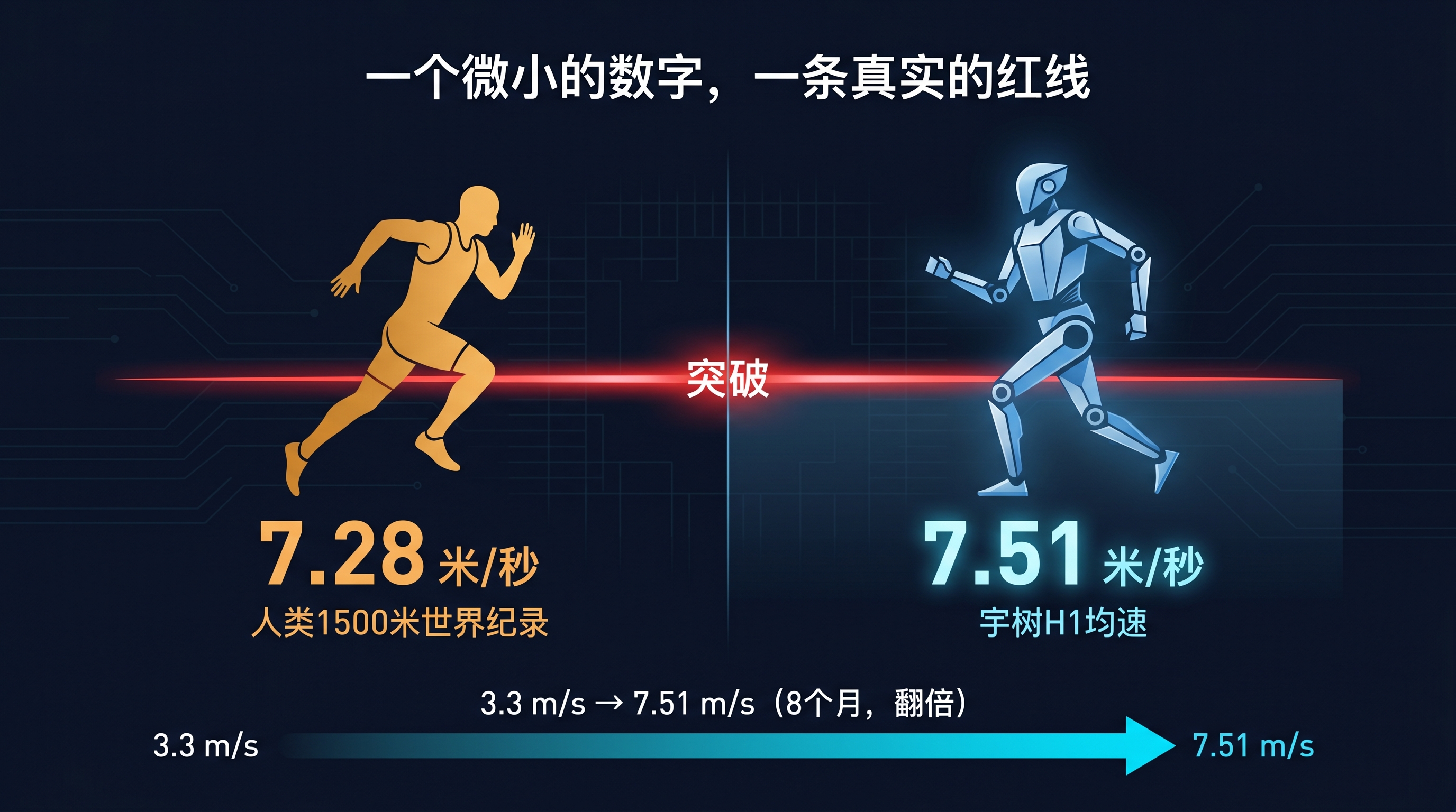 速度对比：宇树H1均速7.51m/s超越人类1500米世界纪录配速7.28m/s