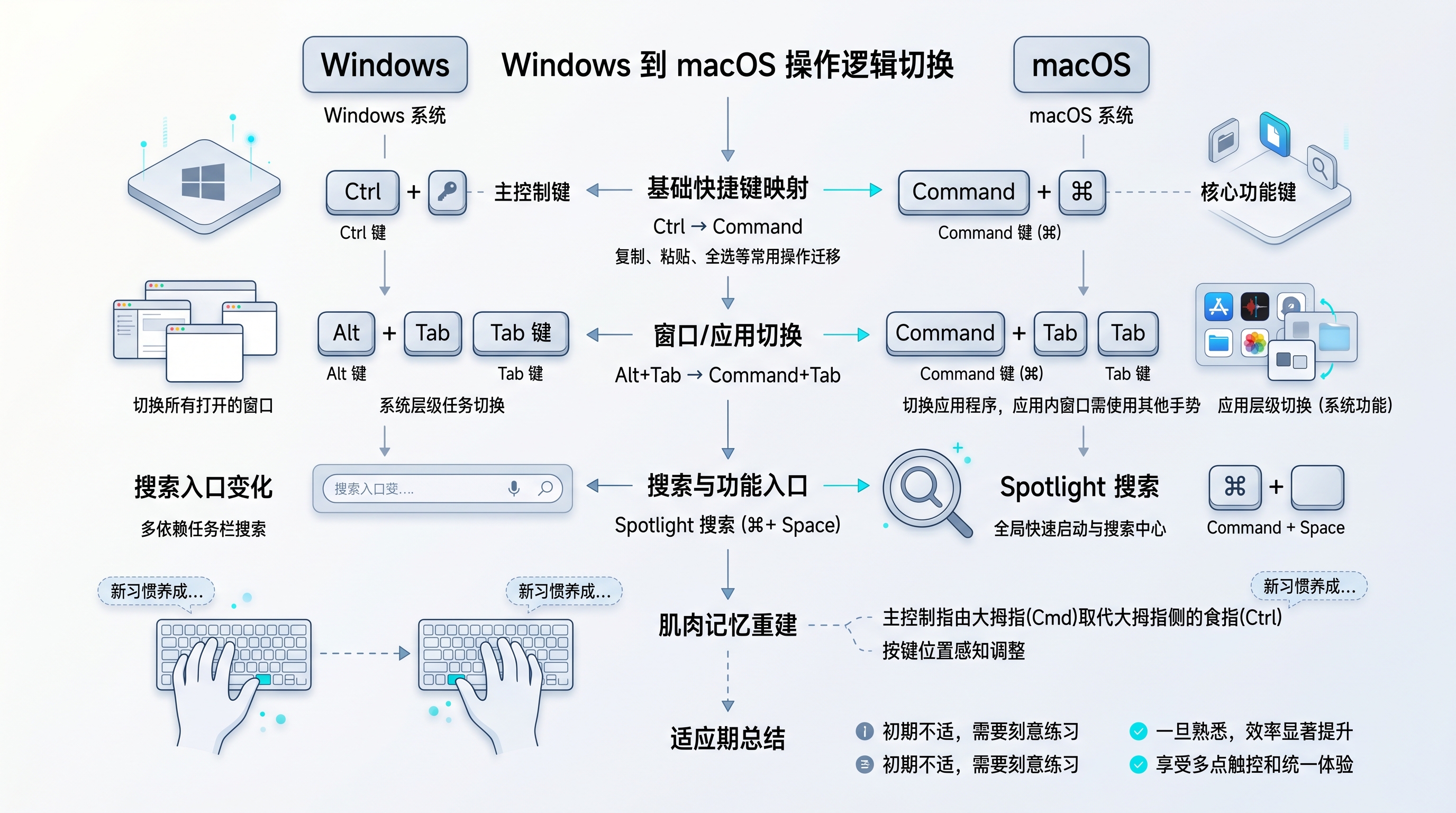 Windows 到 macOS 的快捷键与操作逻辑迁移示意图